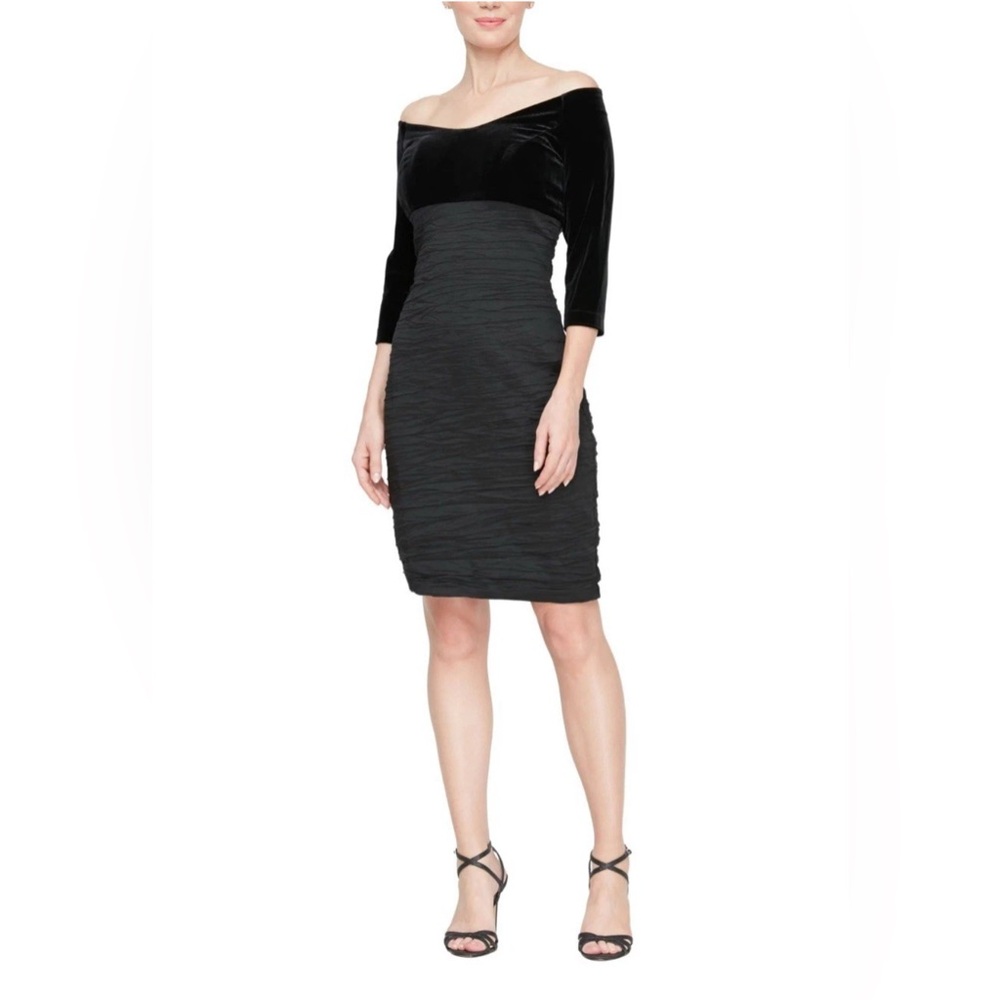 NWT Alex Evenings Sz 14 Off-The-Shoulder 3/4 Sleeves Empire Waist Sheath Dress